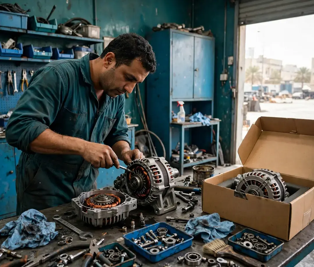 Technician working on an opened alternator at a bench beside a boxed replacement