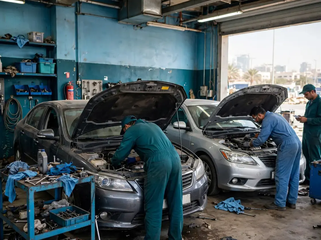 Two saloon cars with open bonnets in a workshop while technicians work on them
