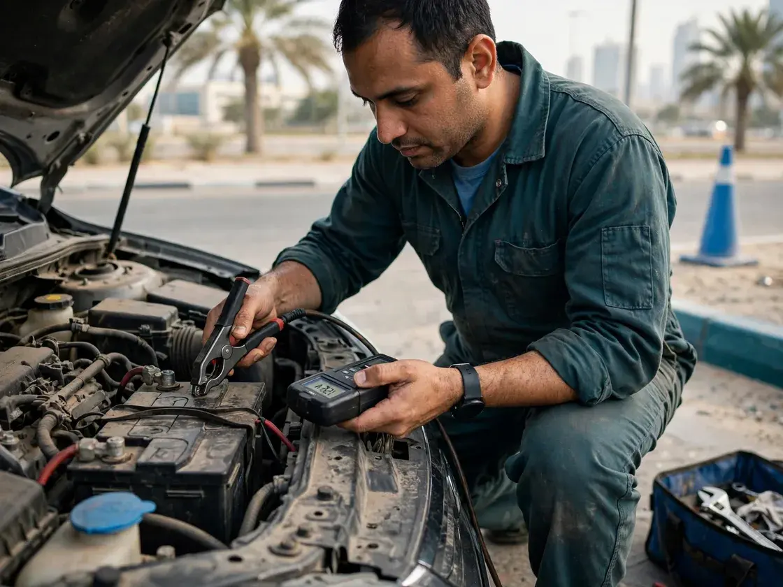Technician holding a battery tester connected to a car battery at the roadside