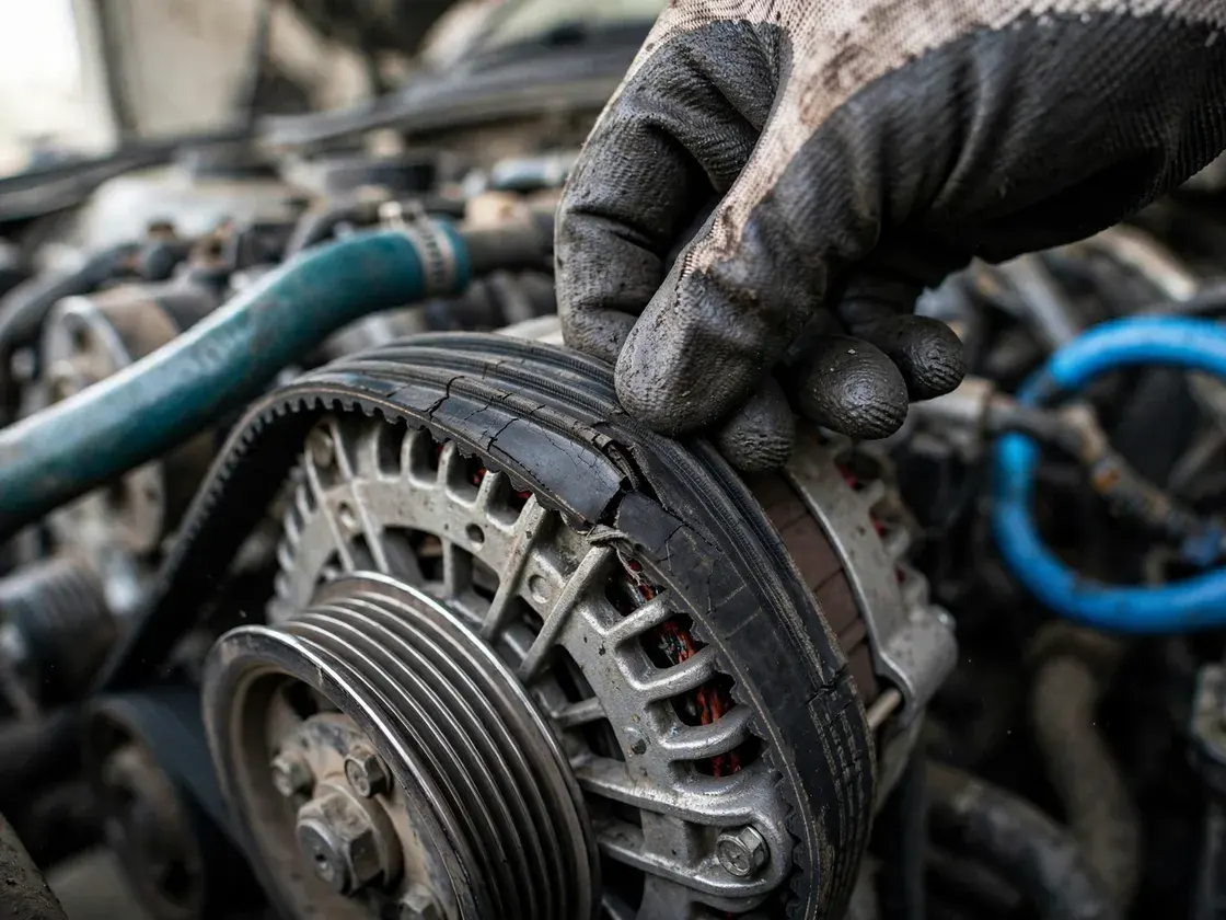 Gloved hand checking a ribbed drive belt on an alternator pulley