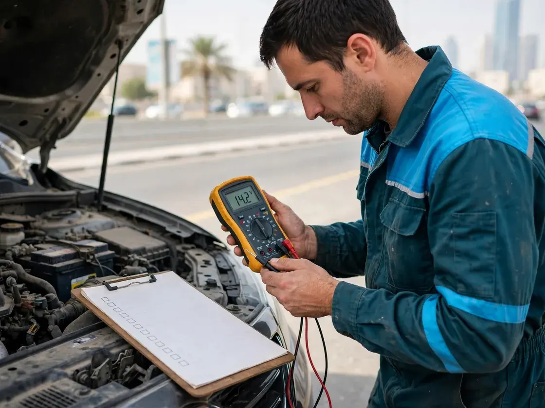 Multimeter showing about 14.2 volts beside an open engine bay