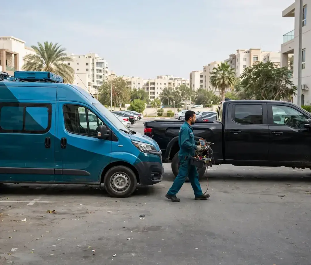 Service van parked beside a black pickup in a Dubai residential car park