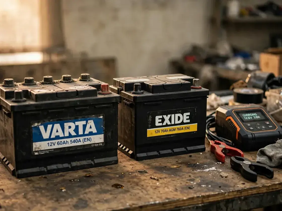 Varta and Exide AGM batteries with a smart charger on a workbench