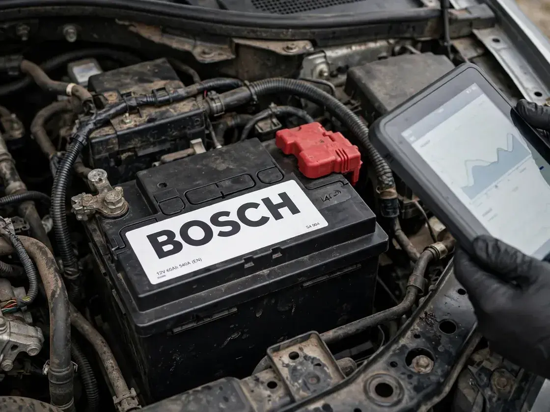 Bosch battery under an open bonnet with a diagnostic tablet beside it