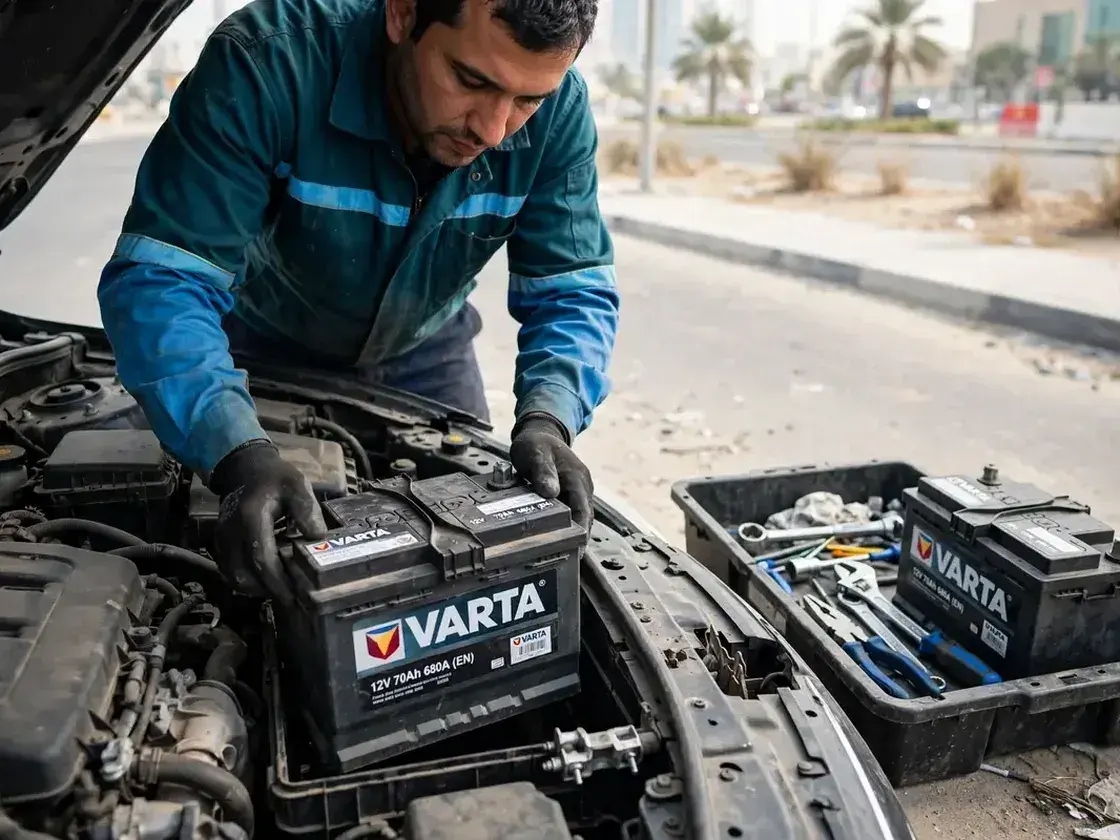 Gloved technician fitting a new Varta battery with tools in a tray