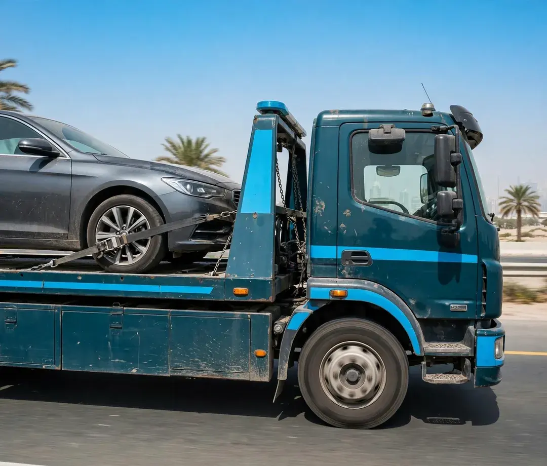 Flatbed tow truck carrying a saloon car along a Dubai road