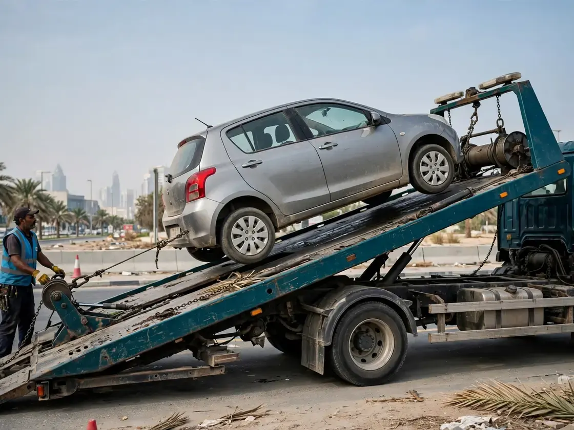 Hatchback winched onto a tilted flatbed deck with all four wheels raised