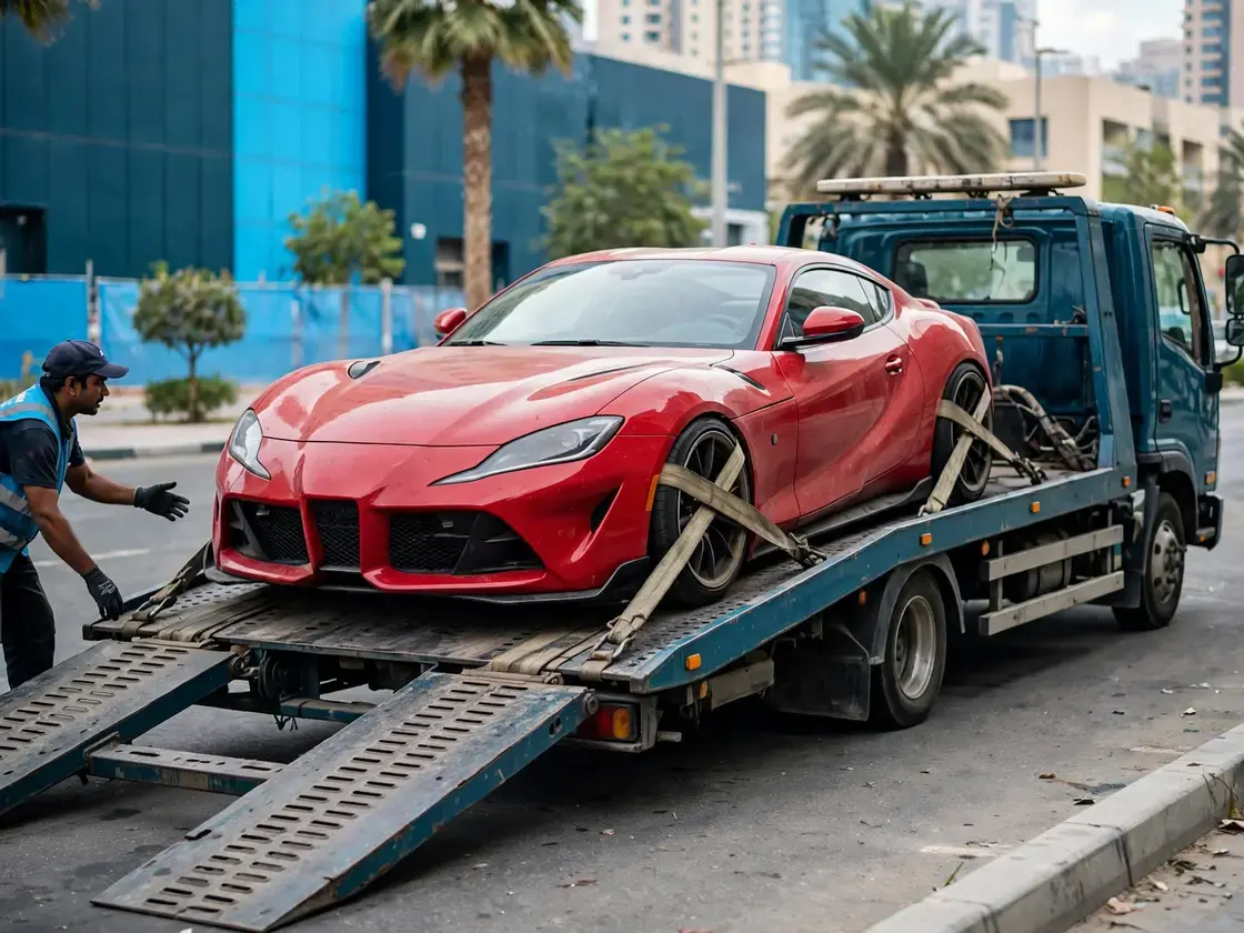 Red sports car on a lowered deck secured with soft straps around the tyres