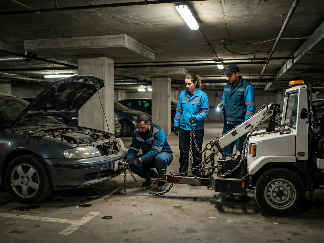 Crew preparing a car for a pull-out in a low underground car park