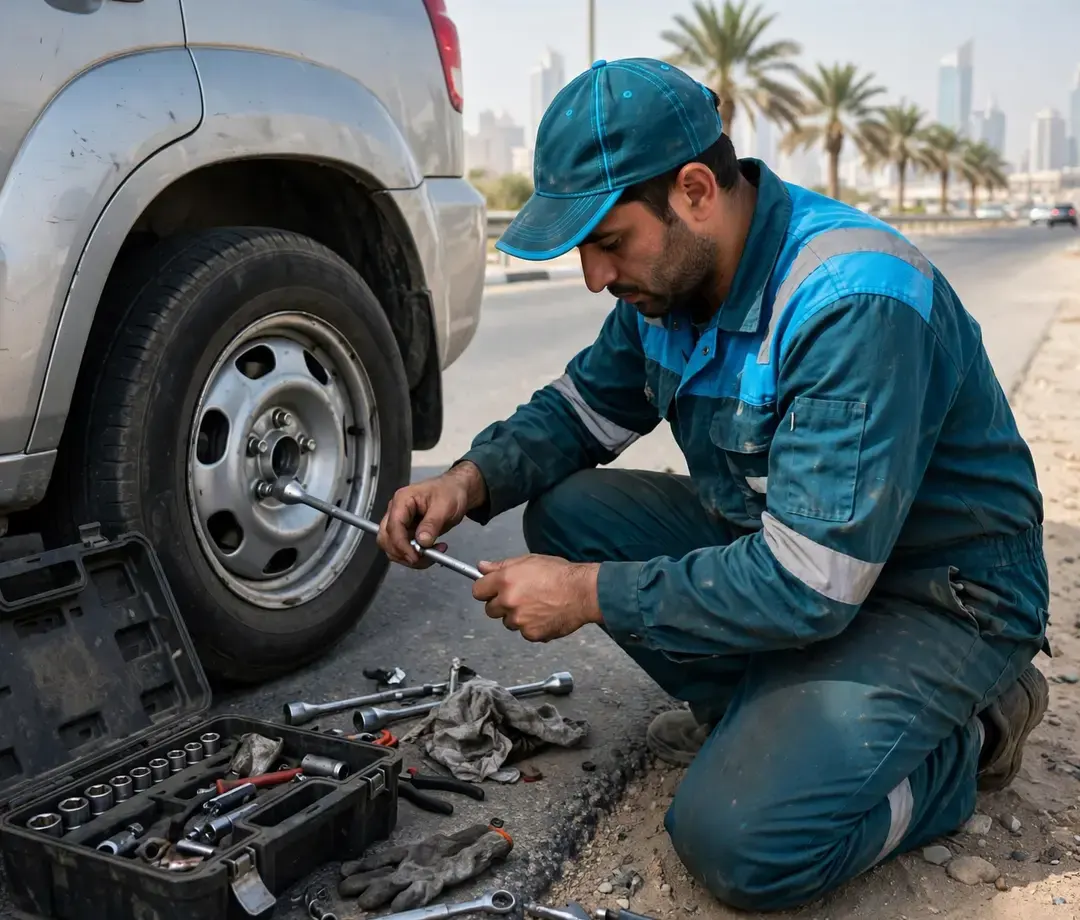 Mobile technician tightening the nuts on a freshly fitted spare wheel at a Dubai roadside