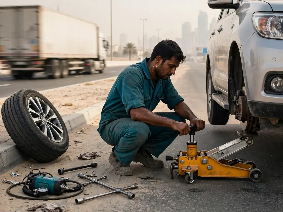 Technician using a trolley jack at the jacking point with the spare wheel ready