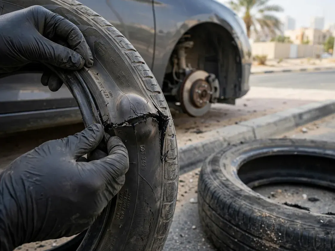 Gloved hands inspecting a damaged tyre sidewall with the date code visible