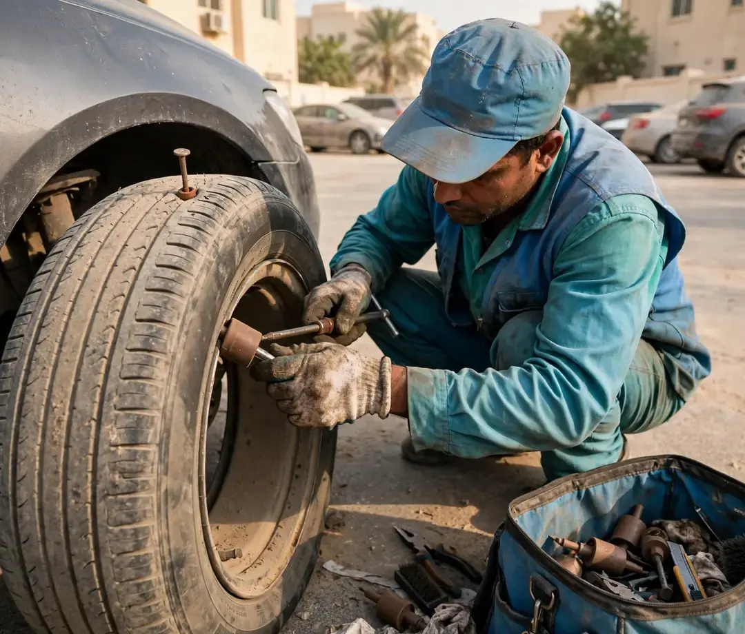 Technician inserting a repair plug into a punctured tyre tread at a Dubai roadside