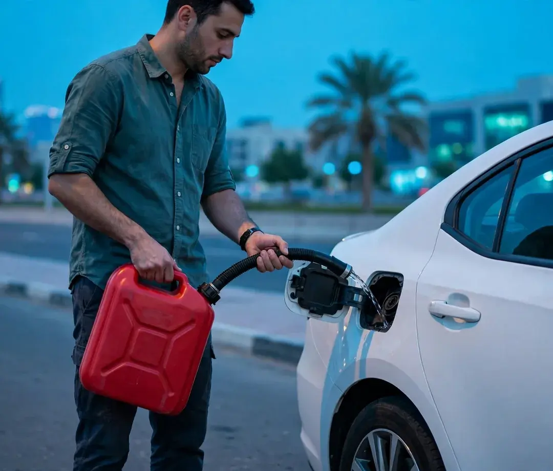 Petrol being poured from a red jerry can into a white car at a Dubai roadside at dusk