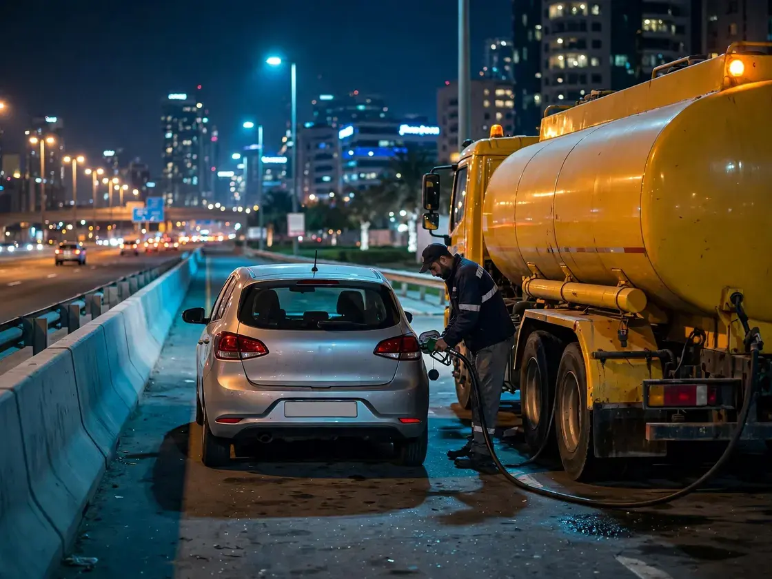 Emergency fuel tanker refuelling a silver hatchback at night