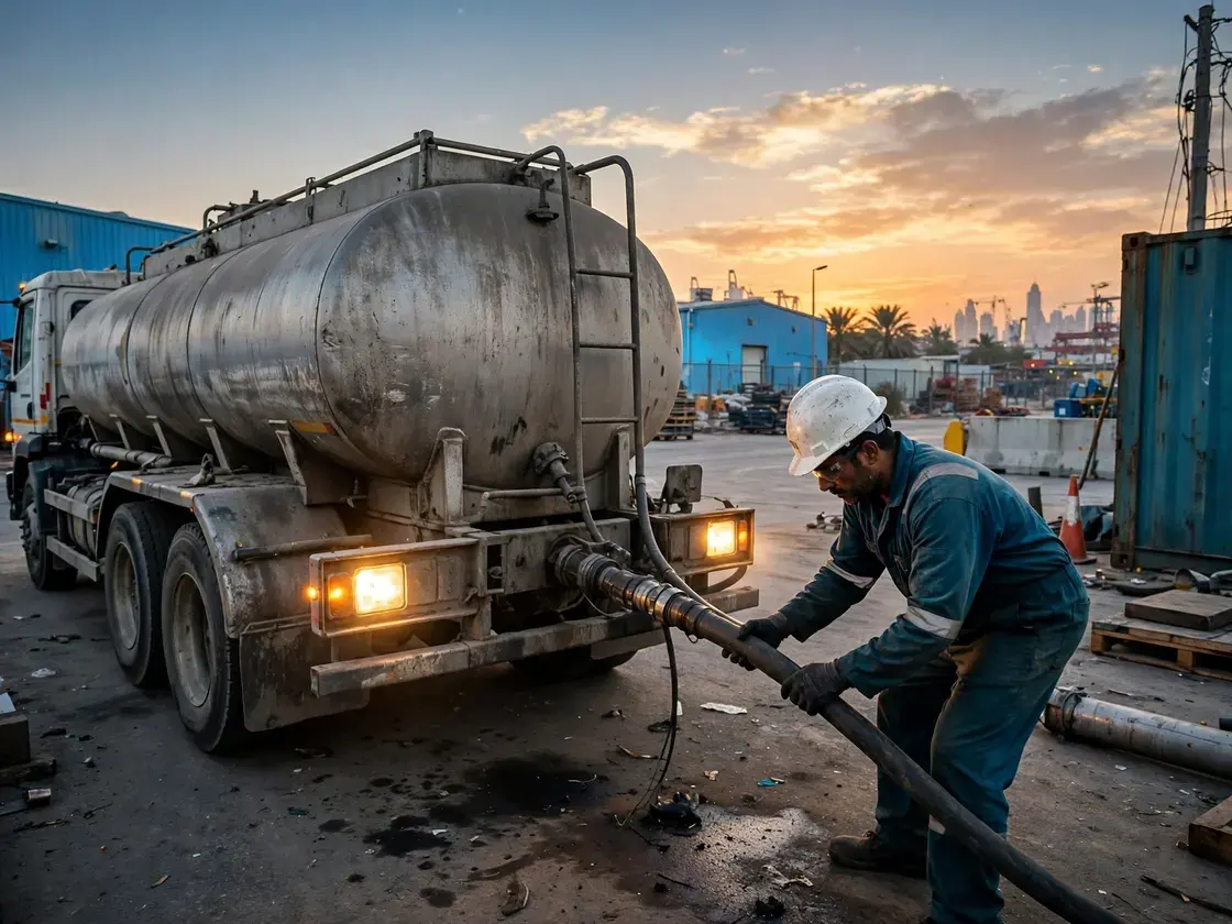 Worker in a hard hat connecting a hose to a diesel tanker at dusk