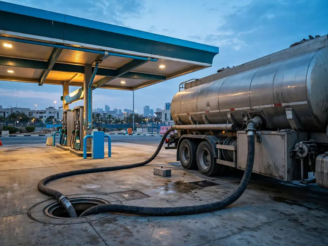 Fuel tanker with a hose connected to an underground inlet on a station forecourt
