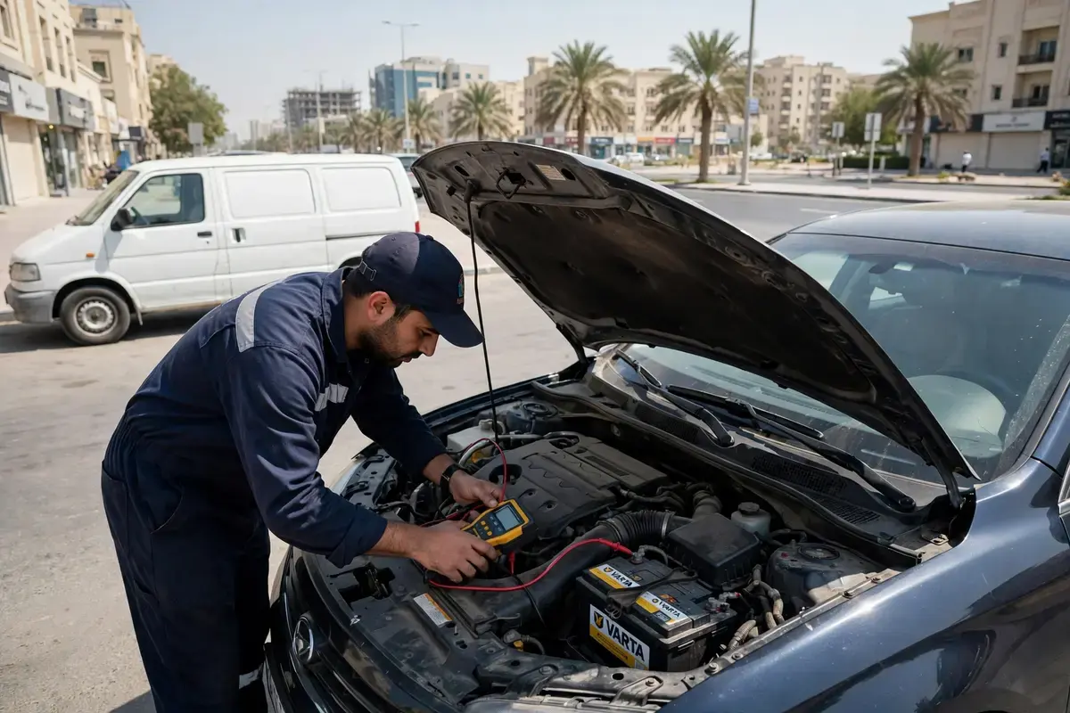 Technician testing a Varta car battery with a digital tester at a Dubai roadside