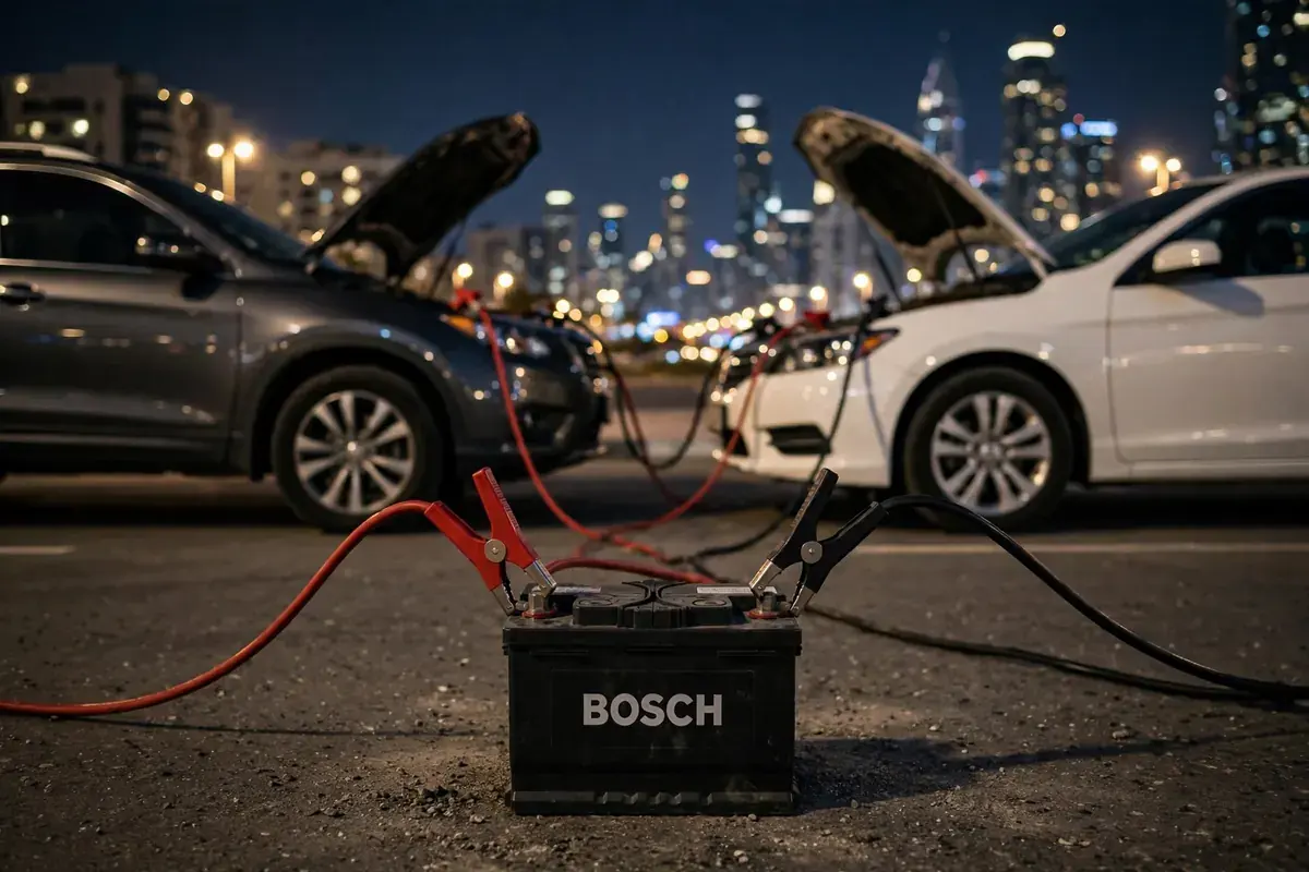 Jumper clamps attached to a Bosch car battery at night in Dubai
