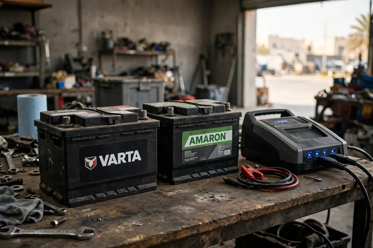 Varta and Amaron car batteries beside a charger on a workshop bench