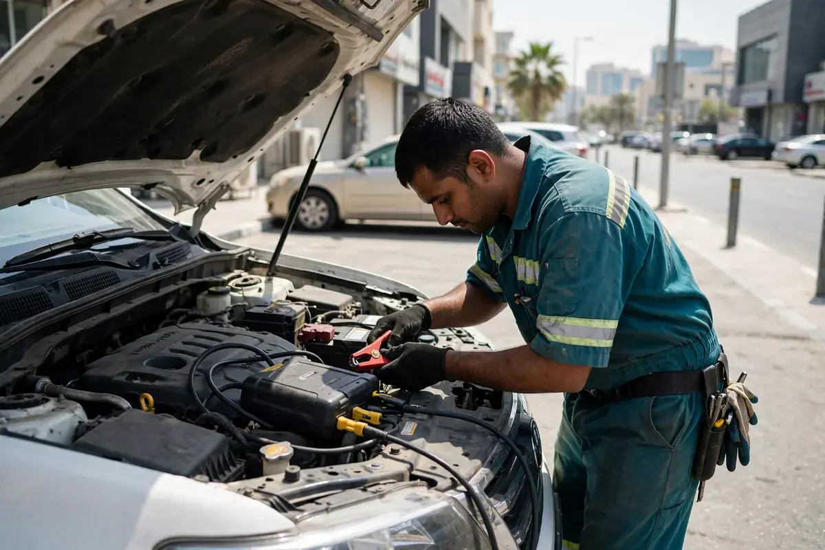 Technician jump starting a car on a Dubai street in daylight