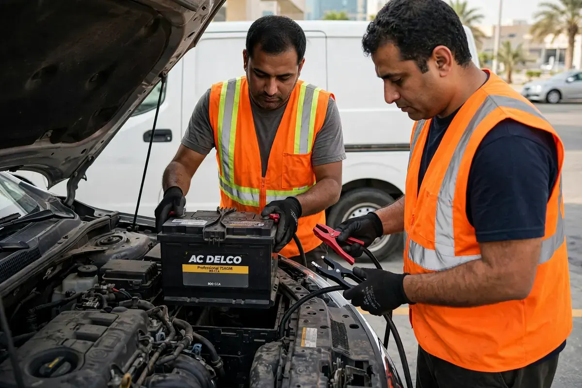 Technician installing an AC Delco battery in an SUV