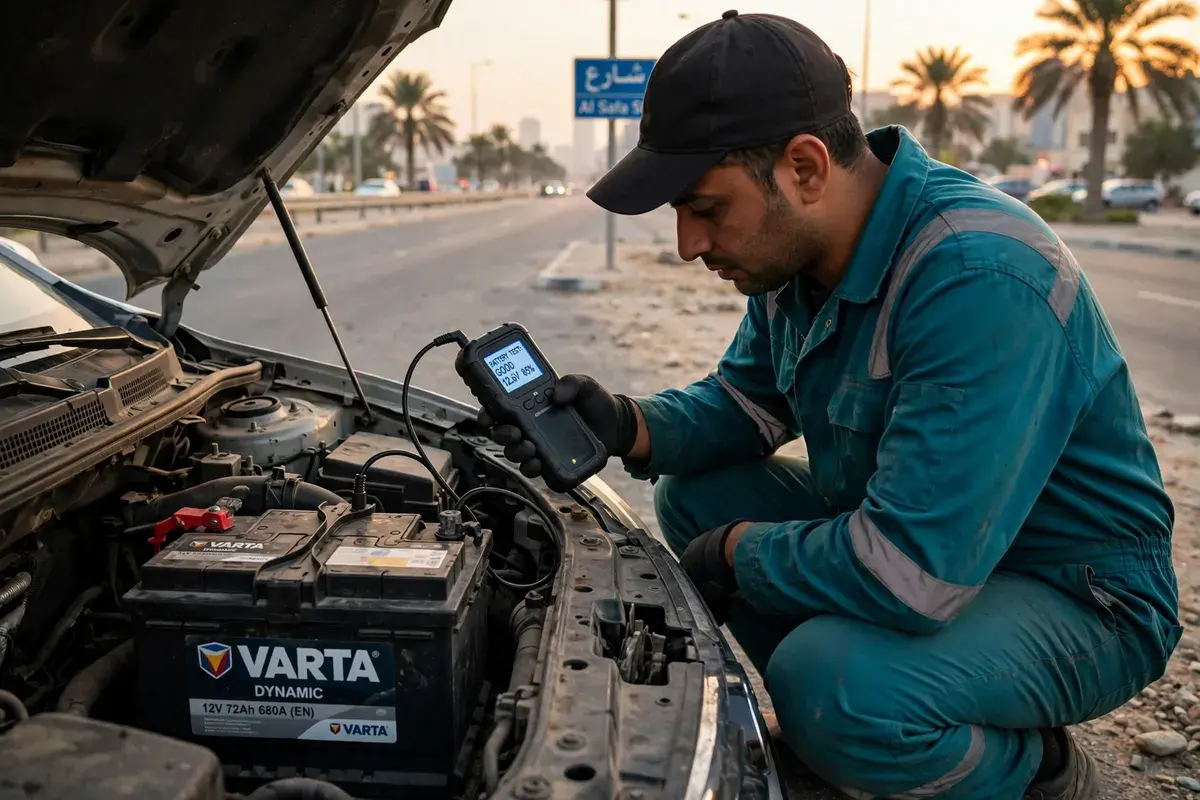 Diagnostic tester connected to a Varta battery