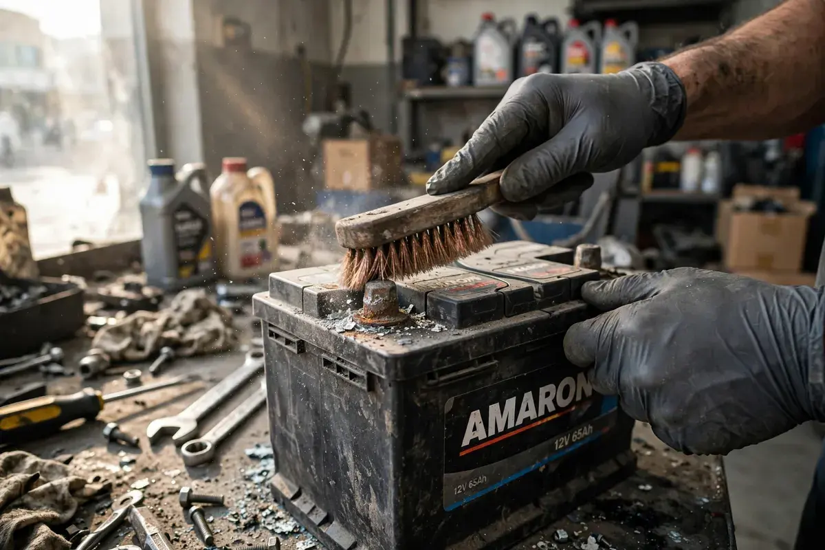 Technician cleaning the terminals of an Amaron battery