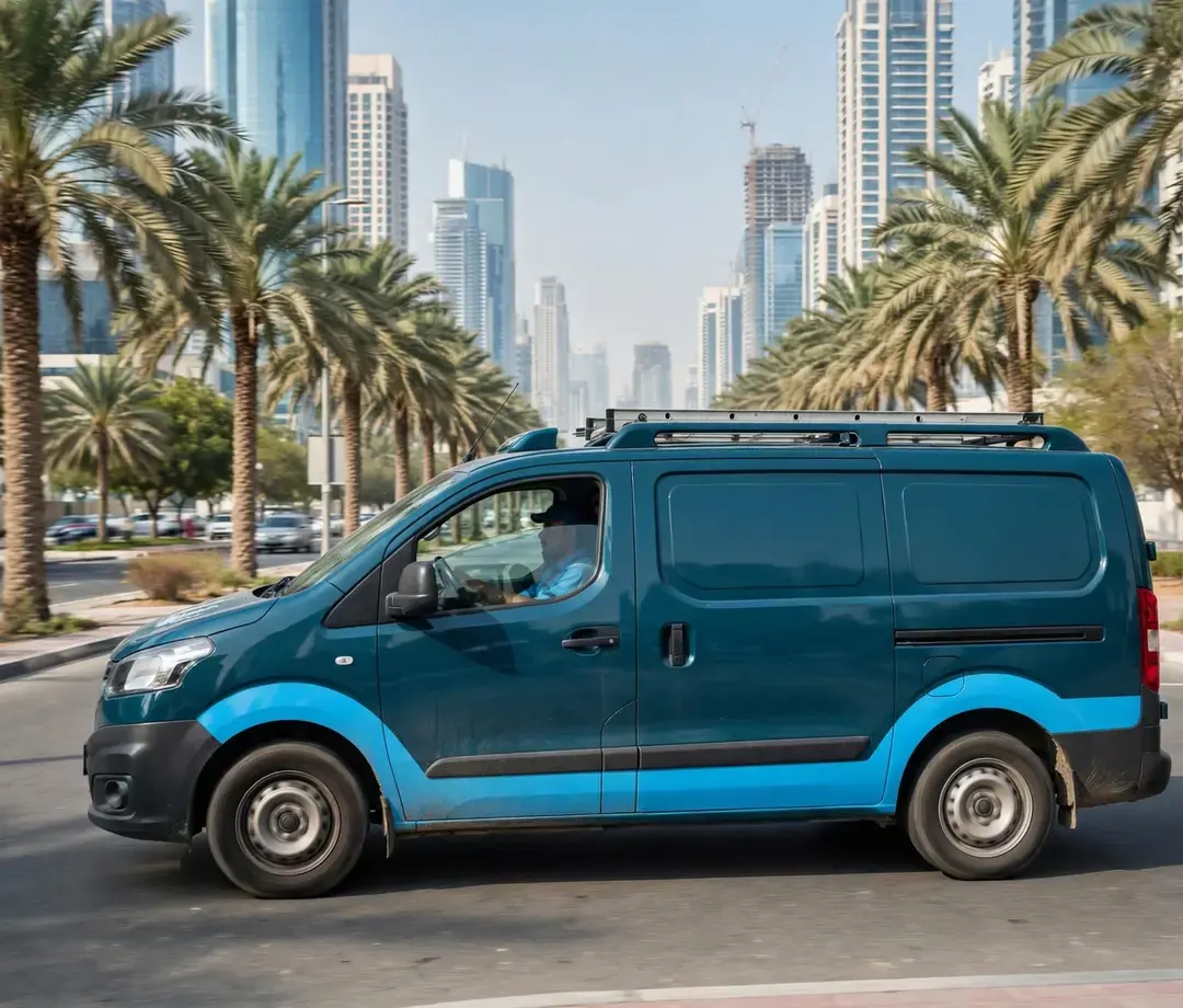 Mobile service van driving along a palm-lined Dubai street with towers behind