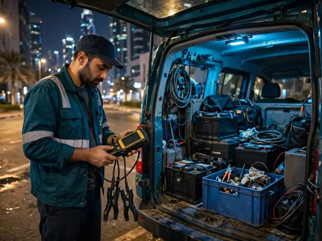 Technician holding a battery tester beside a van stocked with car batteries at night