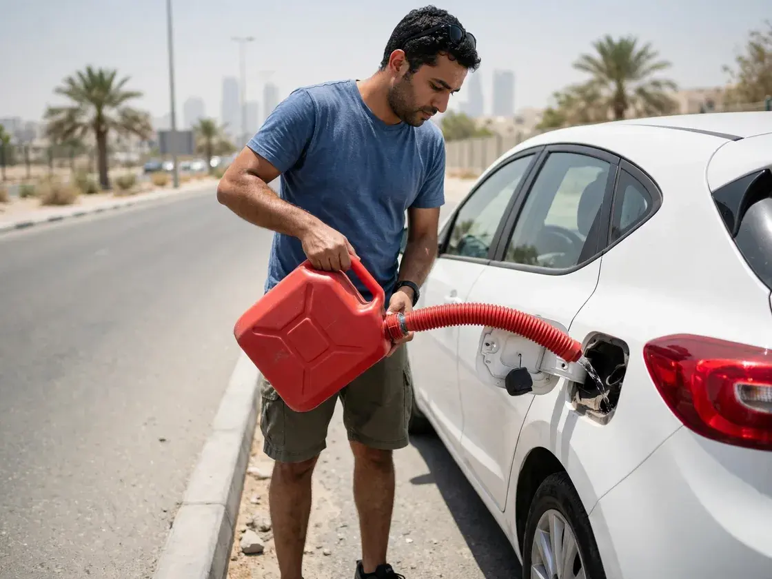 Driver topping up a white car from a red fuel can