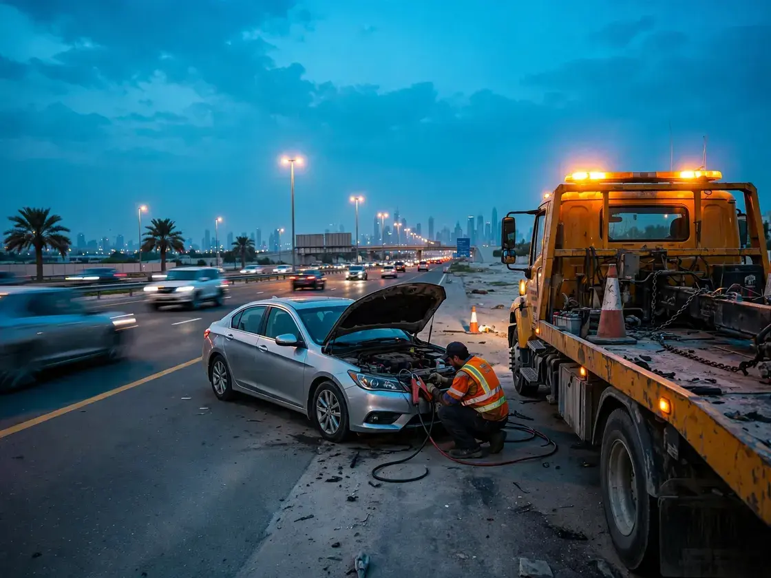Recovery truck with amber lights on a highway shoulder while a technician connects jump leads